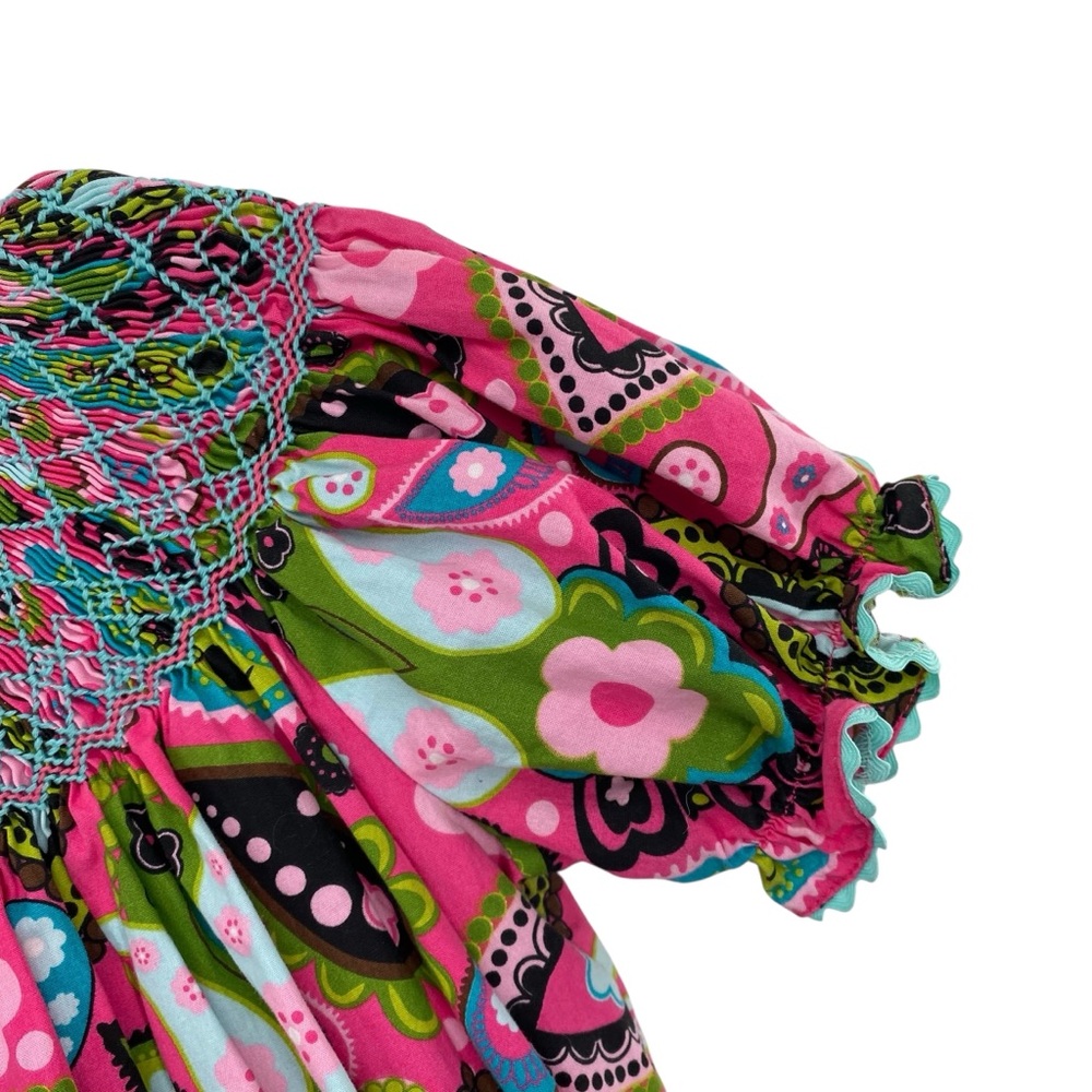 Three Sisters Colorful Paisley Smocked Bishop Cotton Dress - Picture 3 of 8
